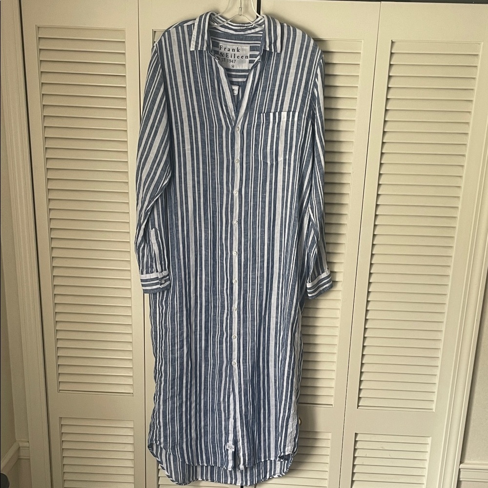 Frank & Eileen Rory Button-Down Shirt maxi dress Sz M 100% linen navy / white